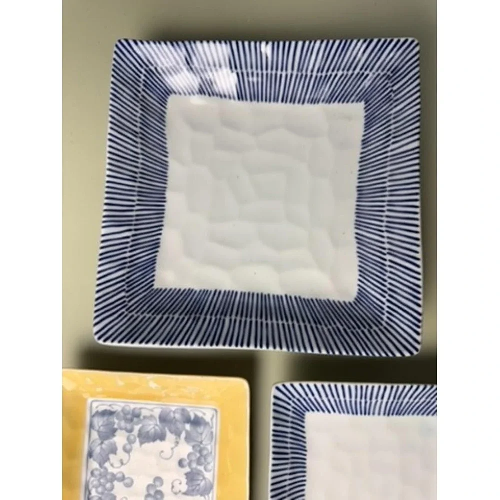 Set of 3 Square Serving Plates Blue Yellow Grapevine Pattern Ceramic Decor Table